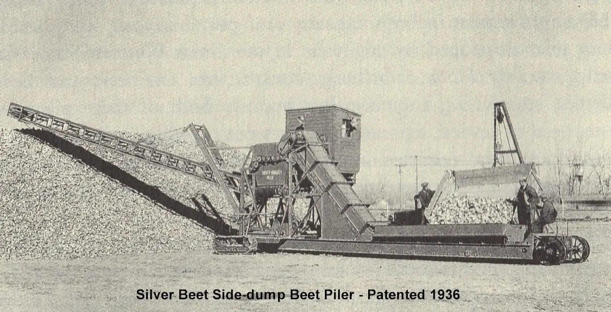 Vintage black and white photograph of the Silver Beet Side-dump Beet Piler, patented in 1936