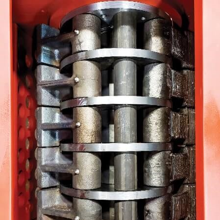 Close-up of hammer mill rollers, machined in Silver Engineering's Denver fabrication shop