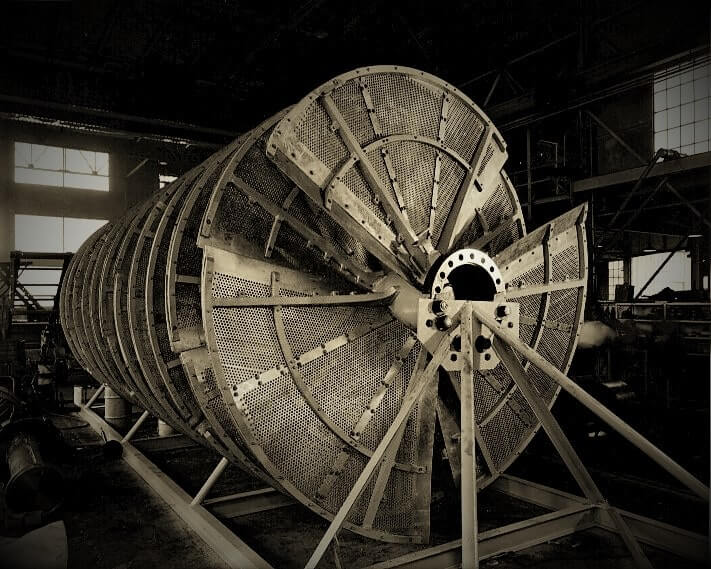 Large steel scroll-frame drum being fabricated in Silver Engineering's Denver shop