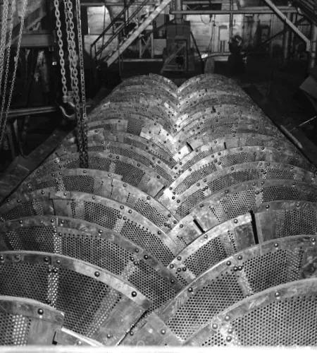 Close-up of a mesh and screen cone assembly from a slope diffuser